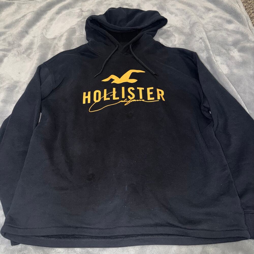 Hollister Black Hoodie Men’s XL Yellow Logo Seagull Pullover Sweatshirt